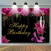 Lofaris Hot Pink Floral Gold Glitter Happy Birthday Backdrop